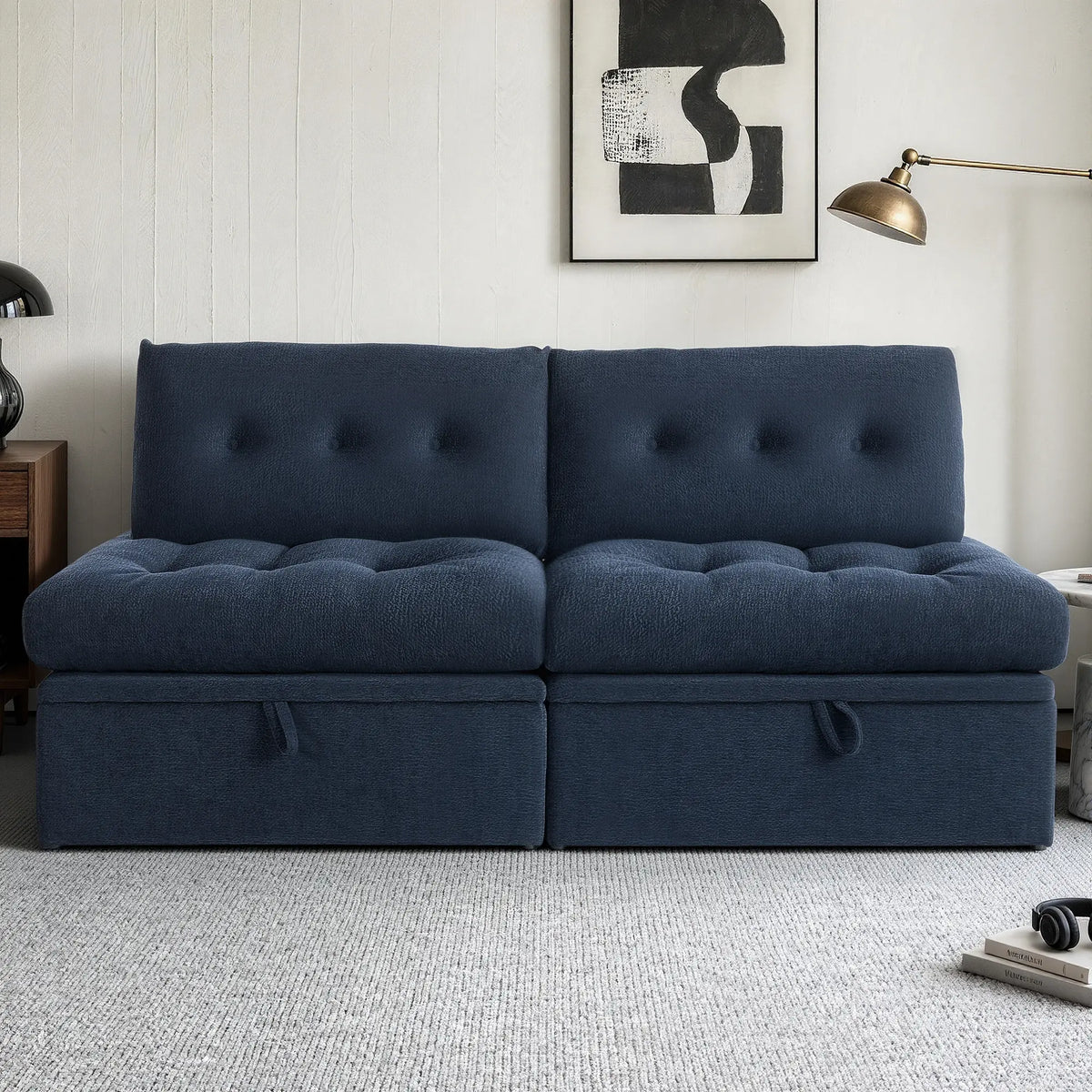 Front straight-on view of the Korser navy blue 2-seater modular storage loveseat sofa with backrests.