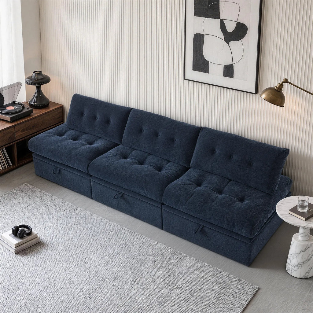 3/4 angle view of the Korser navy blue 3-seater straight modular storage sofa with backrests.