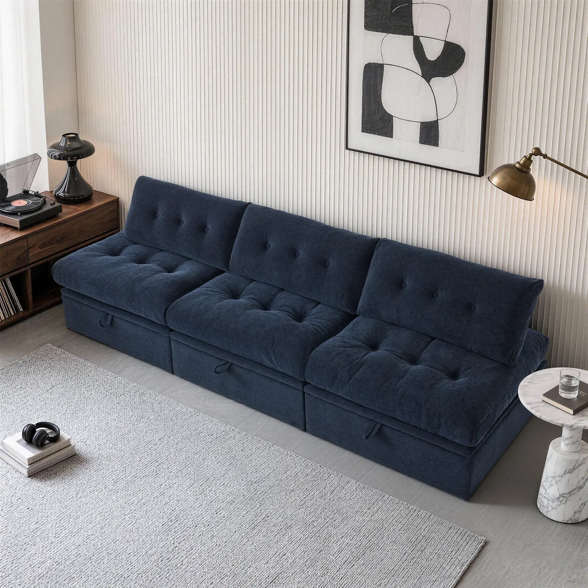 3/4 angle view of the Korser navy blue 3-seater straight modular storage sofa with backrests.