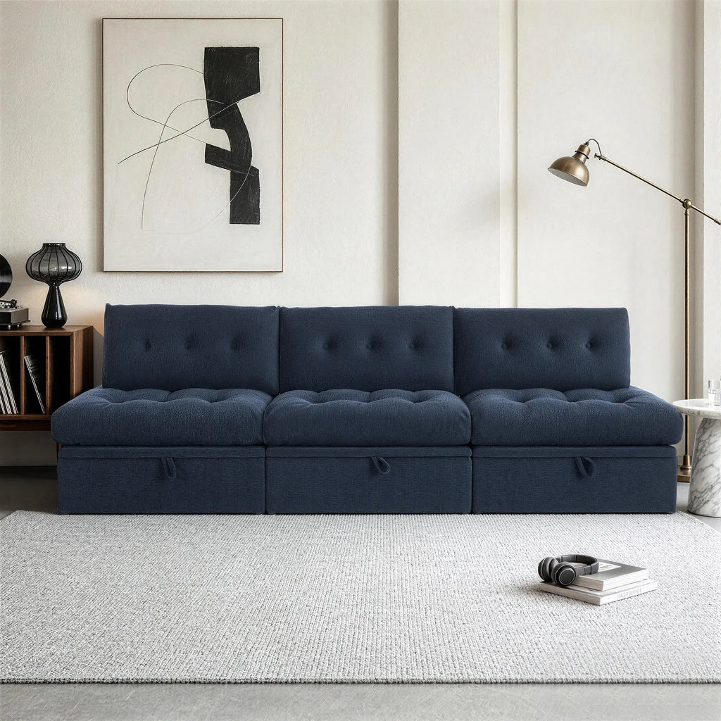 Front straight-on view of the Korser navy blue 3-seater straight modular storage sofa with backrests in a modern living room.