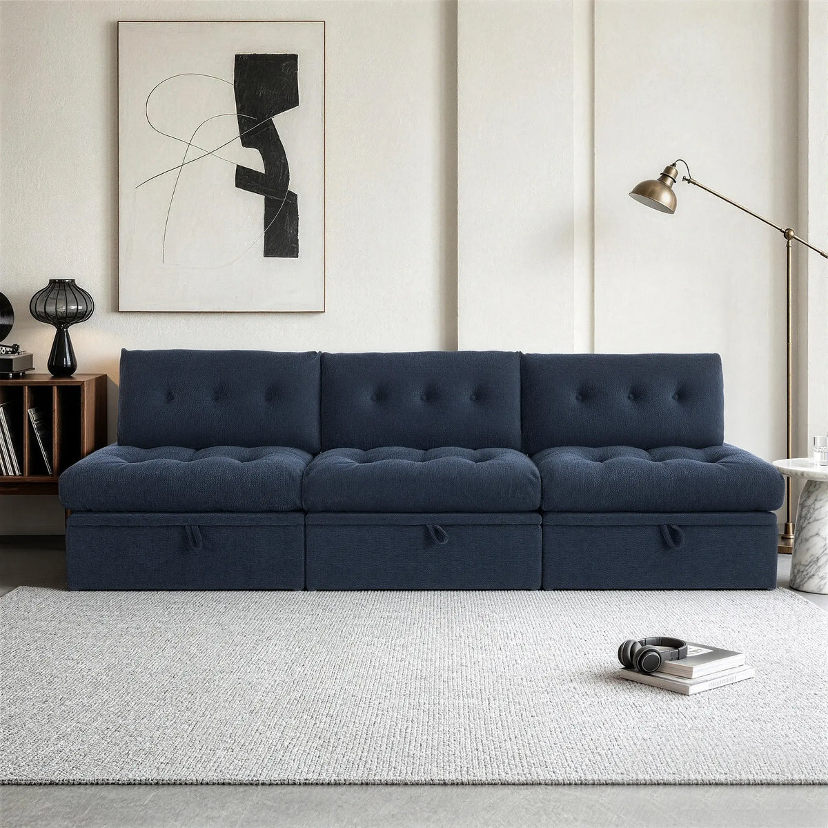 Front straight-on view of the Korser navy blue 3-seater straight modular storage sofa with backrests in a modern living room.