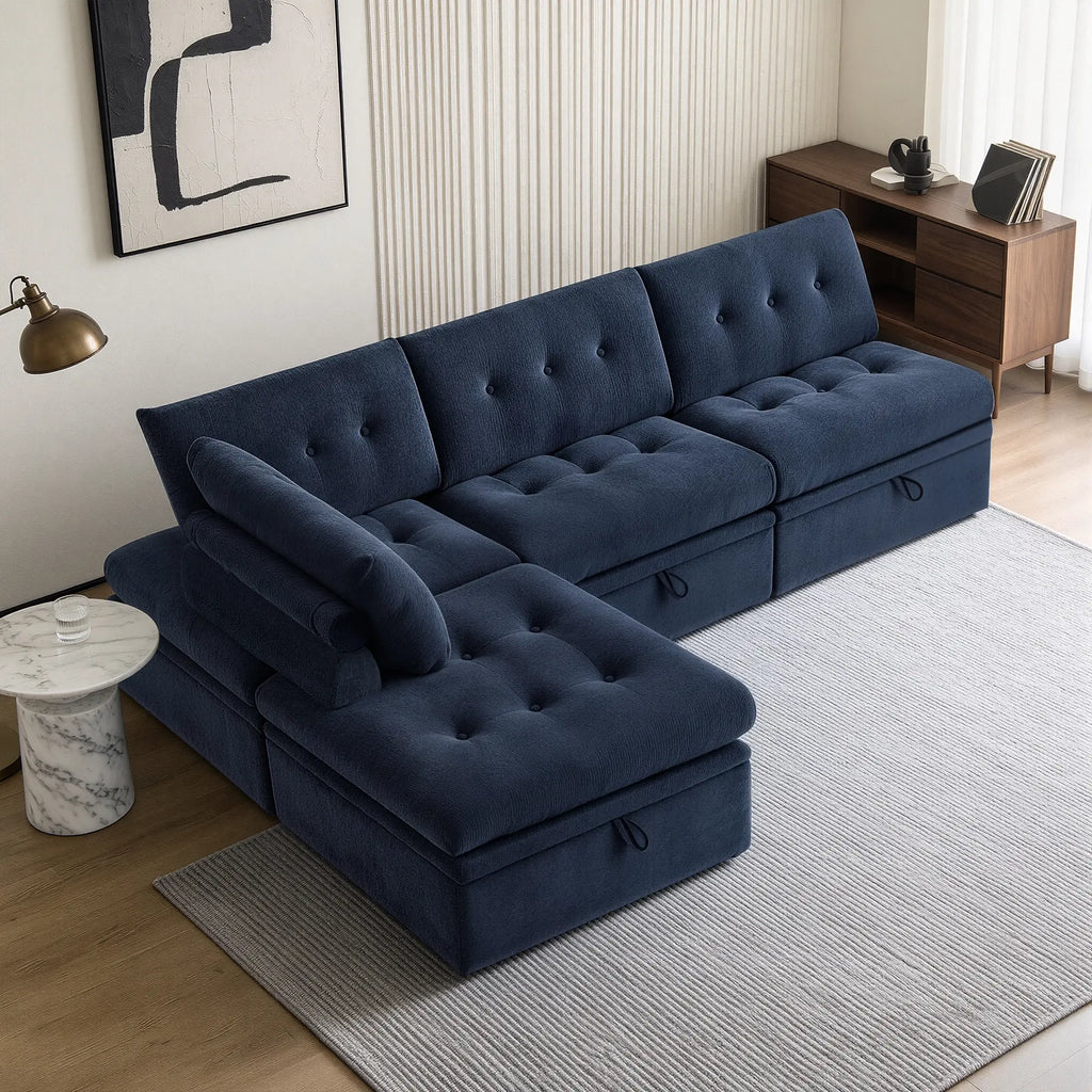 High-angle view of a Korser navy blue 4-seater L-shaped modular sectional sofa with backrests.