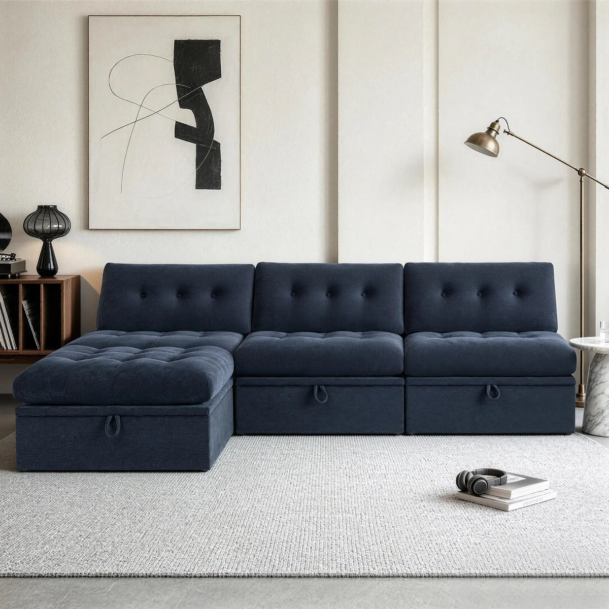 Frontal view showing the full layout of the Korser navy blue 4-seater modular sectional sofa with backrests and storage ottomans.
