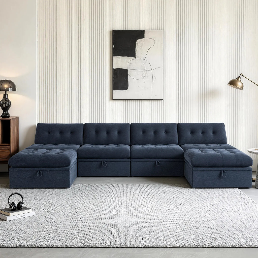 Front straight-on view of the Korser navy blue 6-seater U-shaped modular storage sectional sofa with backrests, placed in a modern living room.