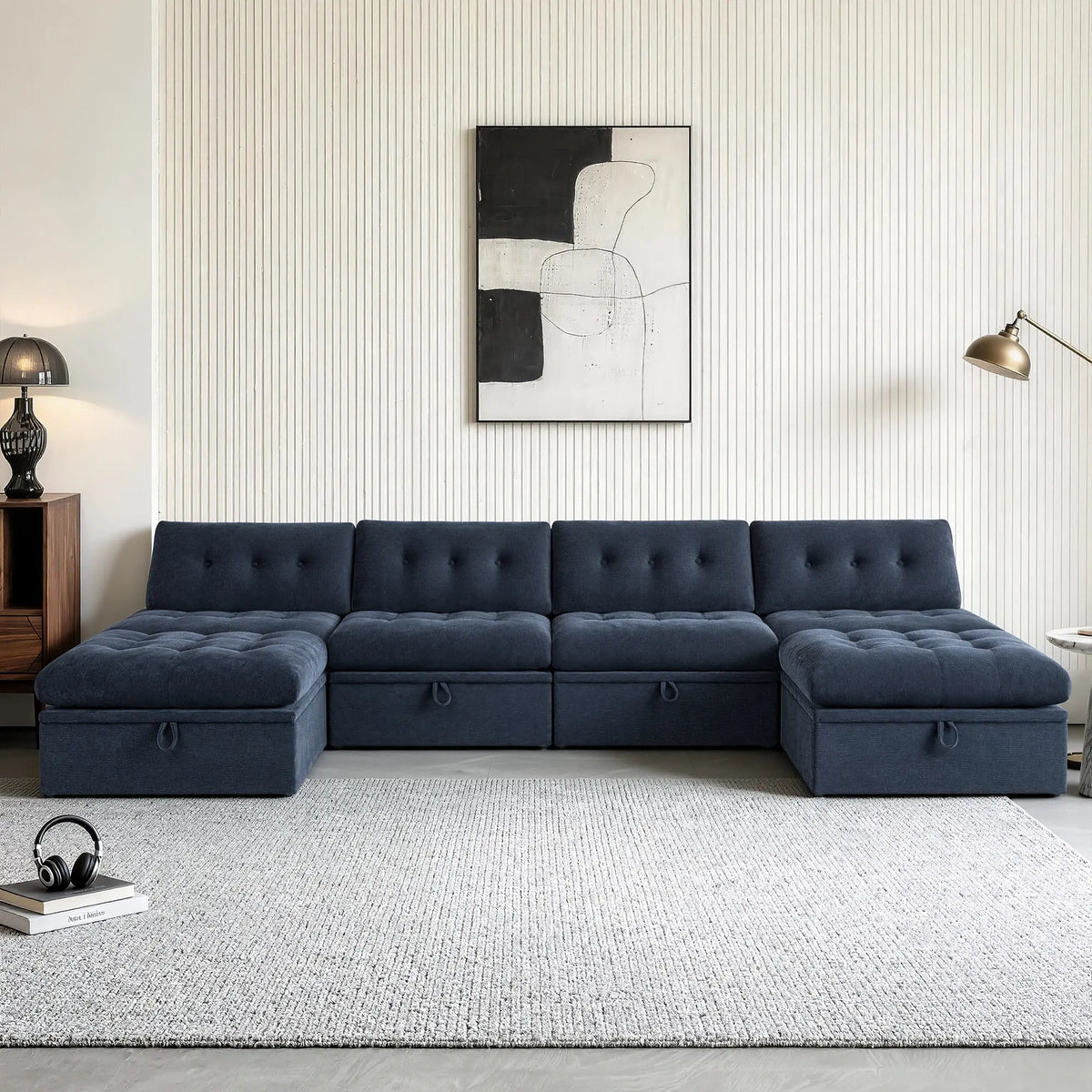 Front straight-on view of the Korser navy blue 6-seater U-shaped modular storage sectional sofa with backrests, placed in a modern living room.