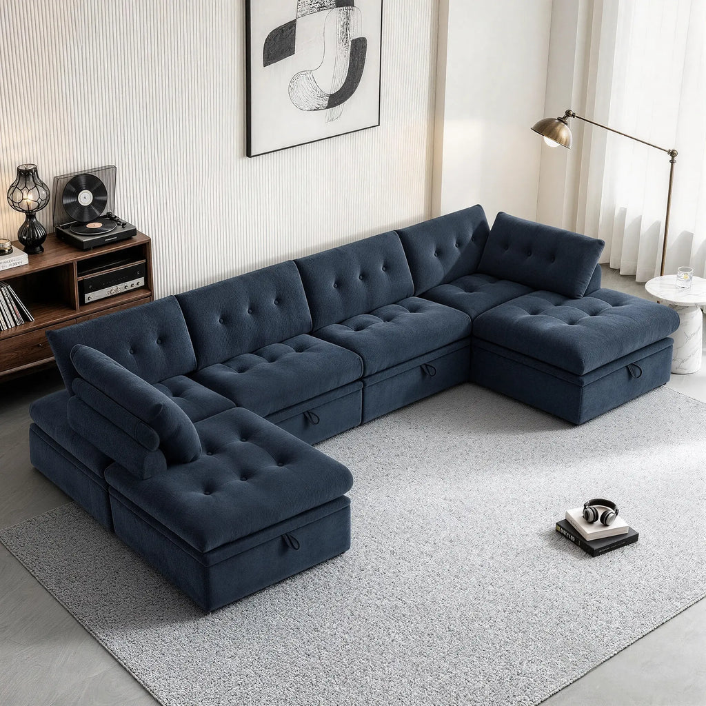 High-angle view of a Korser navy blue 6-seater U-shaped modular storage sectional sofa with backrests and ottoman.